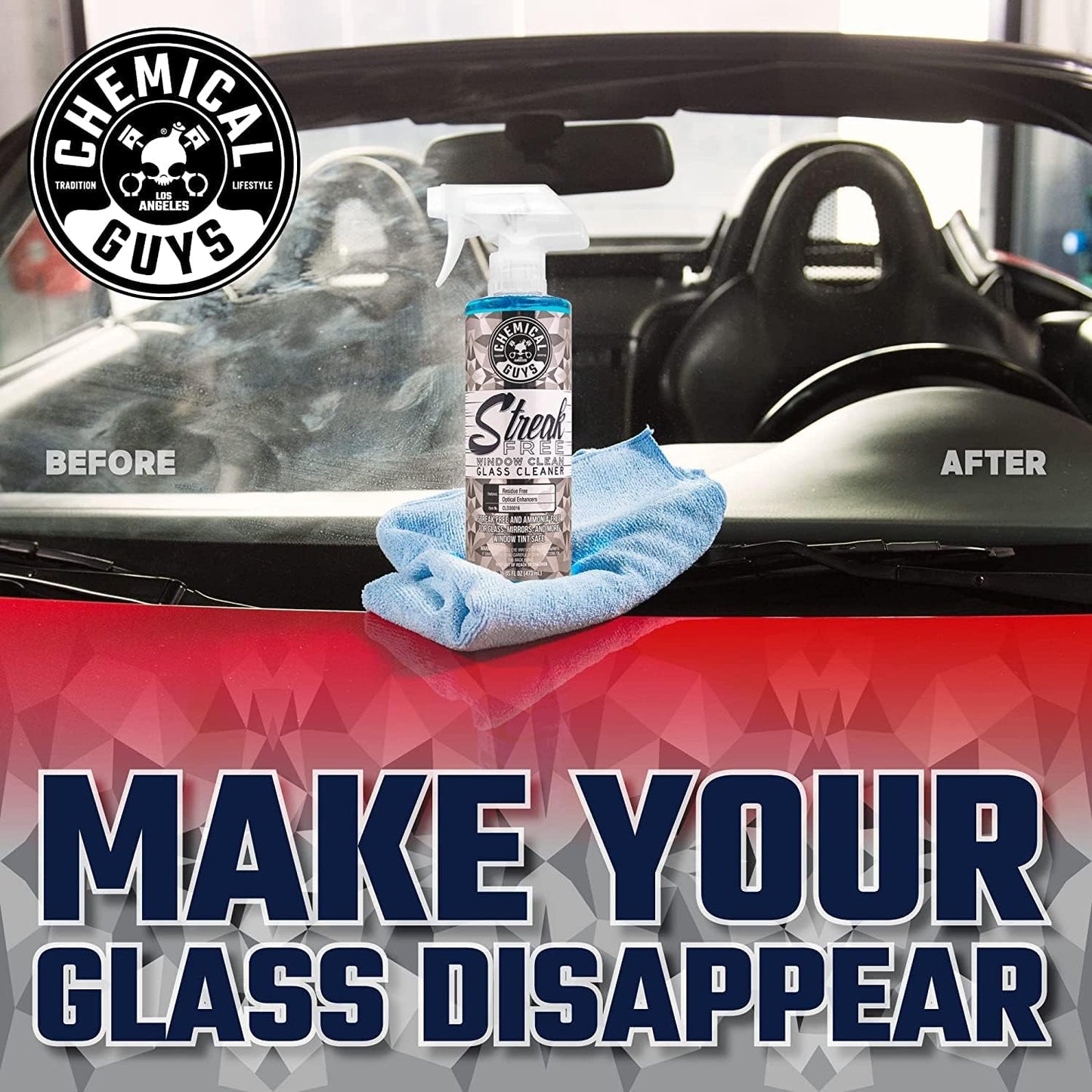 Chemical Guys Streak Free Glass and Window Cleaner - Works on Glass, Windows, Mirrors, and Screens, Ammonia-Free and Safe on Tinted Windows, for Cars, Trucks, SUVs, and Home Use - 16 oz