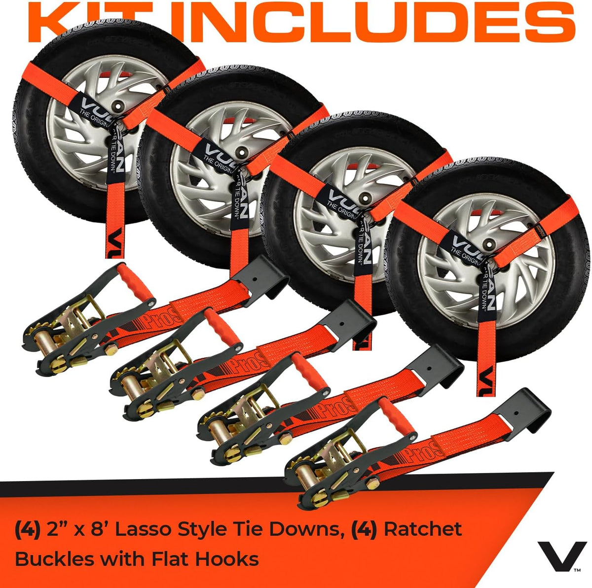 VULCAN Car Tie Down with Flat Hooks - Lasso Style - 2 Inch x 96 Inch - 4 Pack - Silver Series - 3,300 Pound Safe Working Load