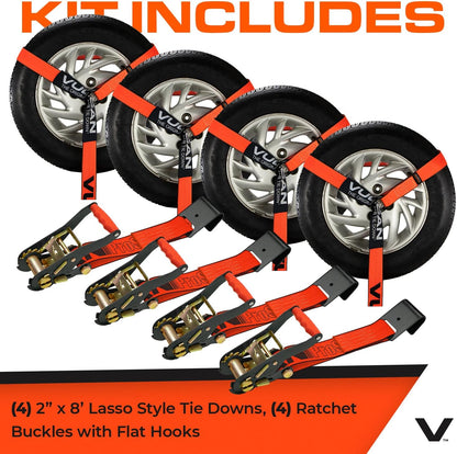 VULCAN Car Tie Down with Flat Hooks - Lasso Style - 2 Inch x 96 Inch - 4 Pack - Silver Series - 3,300 Pound Safe Working Load