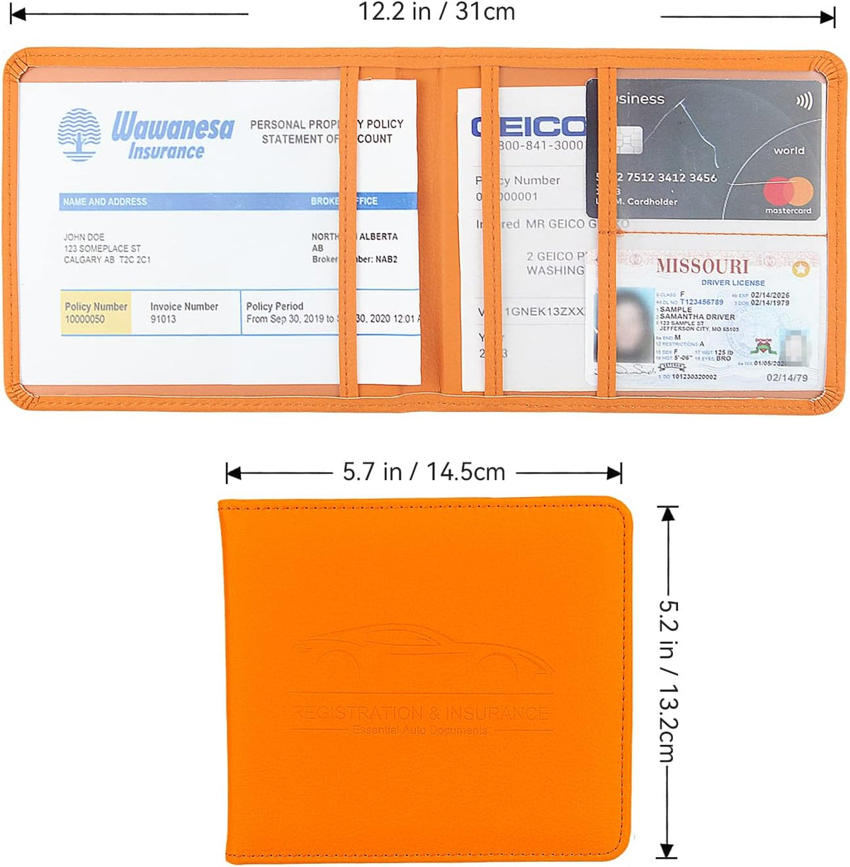 Car Registration and Insurance Holder, Premium Pu Leather Vehicle Glove Box Organizer - for Driver License, Cards & Essential Documents (L-Orange)