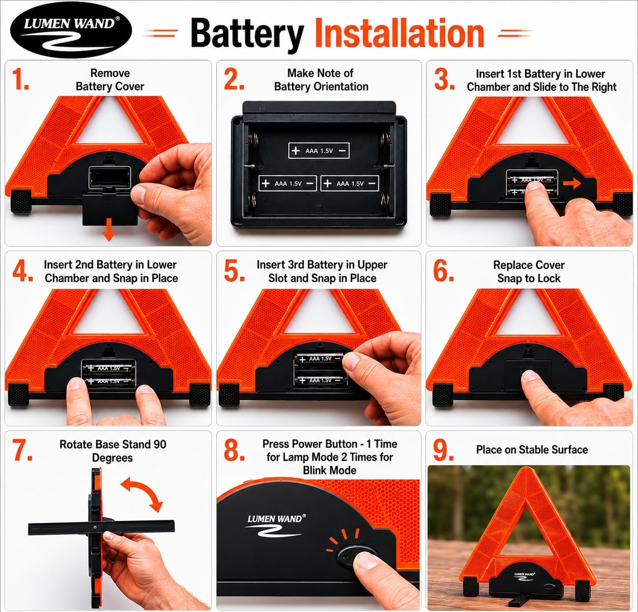 Lumen Wand Reflective Warning Triangle with LED Lights for Road Safety Metal Base | Internal LED with External Reflectors Emergency Triangle for Car Breakdowns