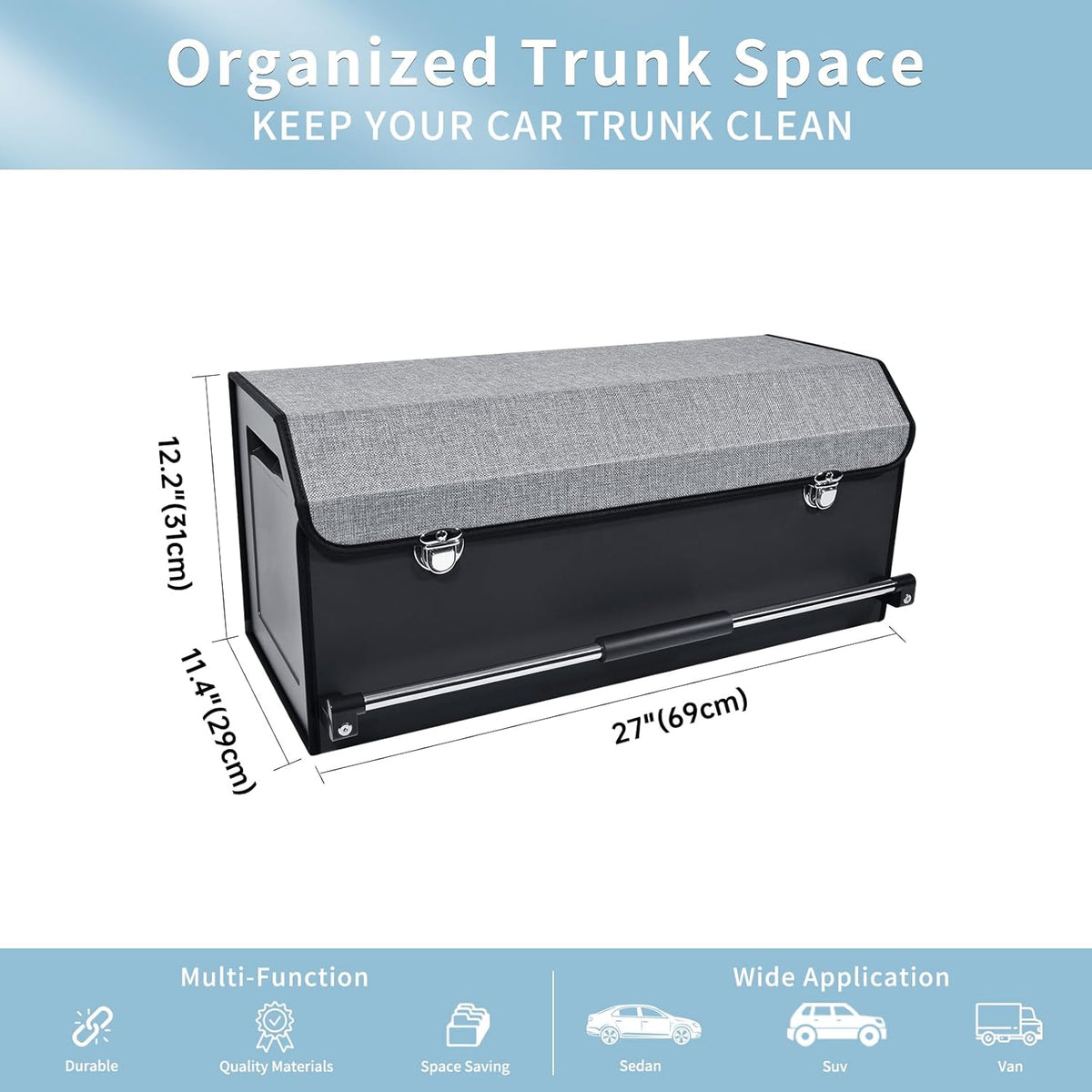 XCF Car Trunk Organizer, Leather Trunk Organizer for SUV with Lid and Sturdy Handle Car Storage Organizer (Black, 20.47 x 11.42 x 12.2in)