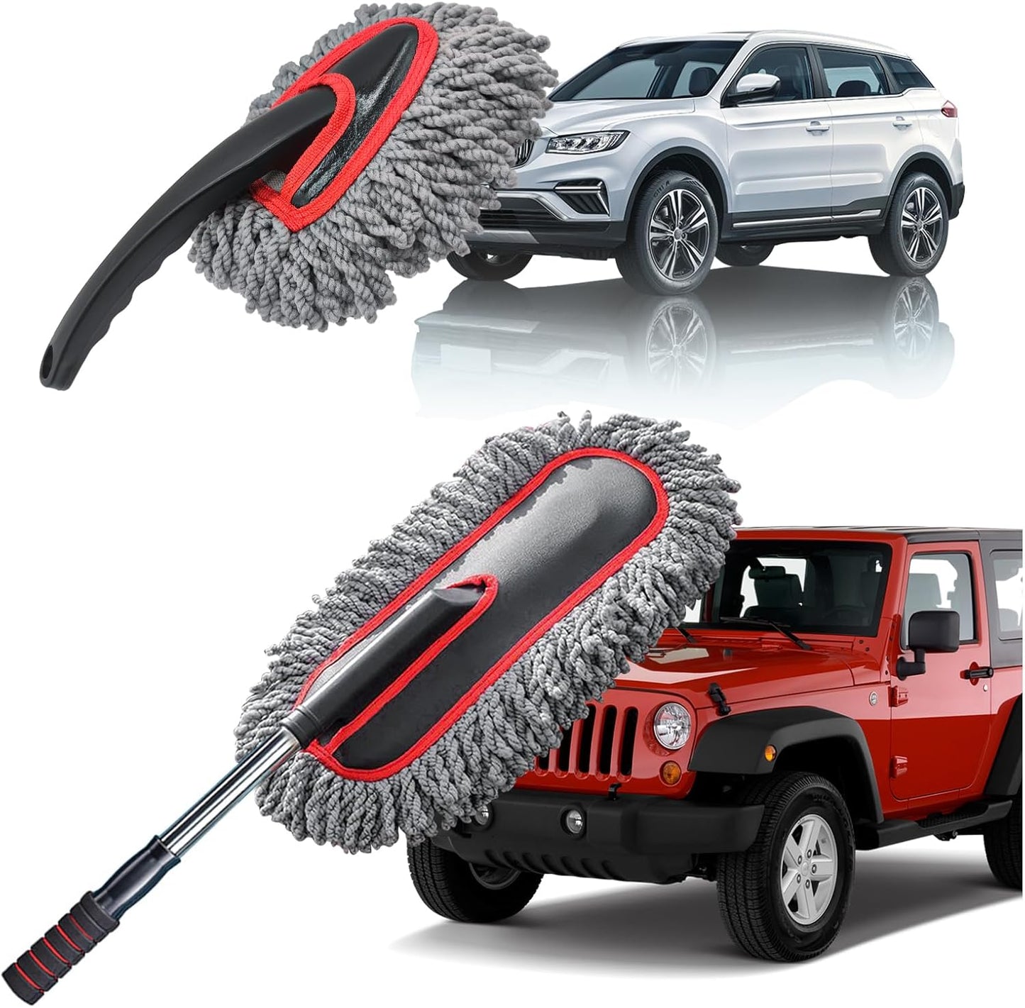 YeewayVeh Car Duster Exterior Scratch Free Microfiber Car Cleaning Brush, Extendable Handle Pollen and Dust Brush for Truck, SUV, Vehicles and Home Cleaning, Gray and Red