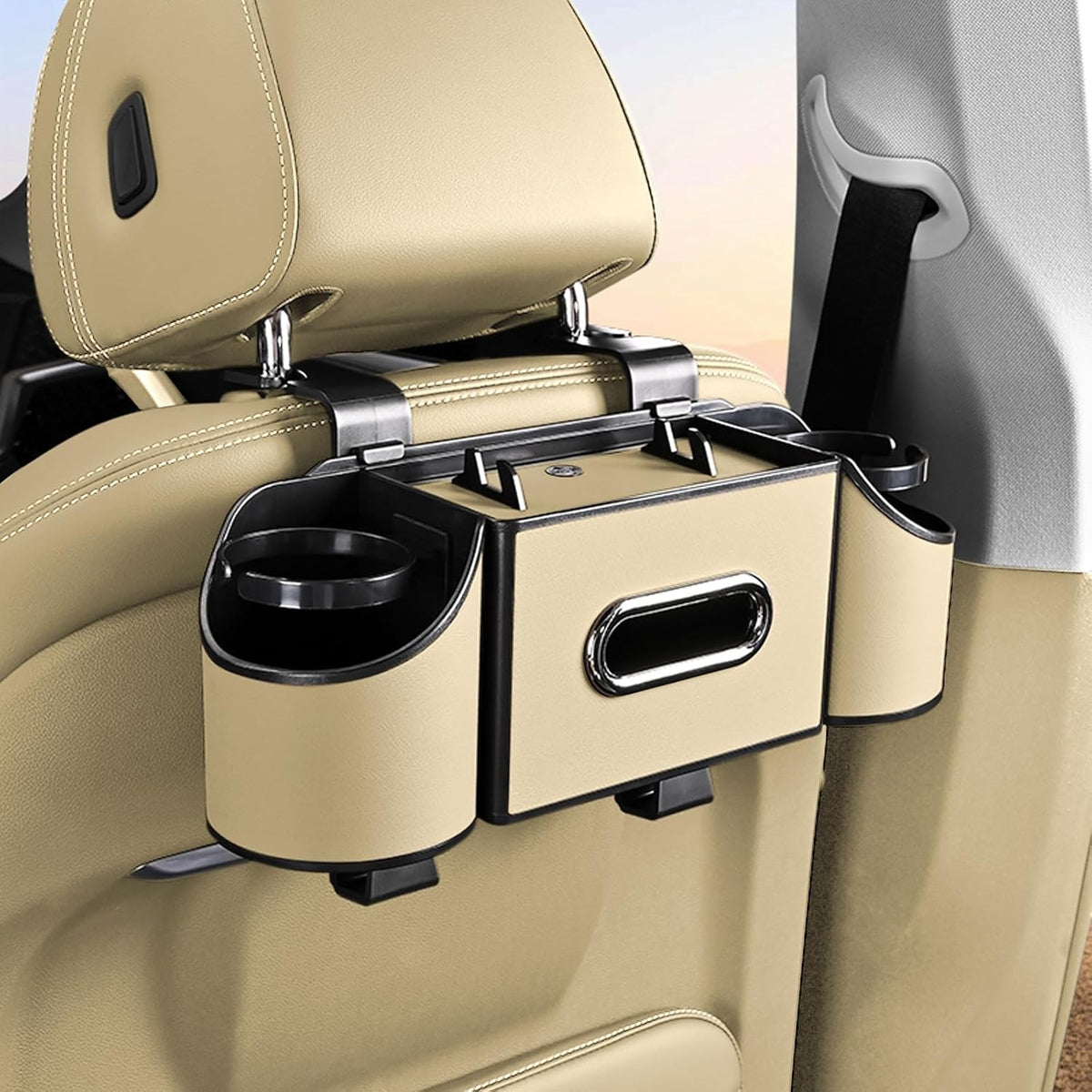 Back Seat Car Organizer,4 in 1 Multifunctional Car Back Seat Storage Box with Drink Cup Holder Tissue Box, for Hold Phone,Snacks, Drinks, Handbag-Black