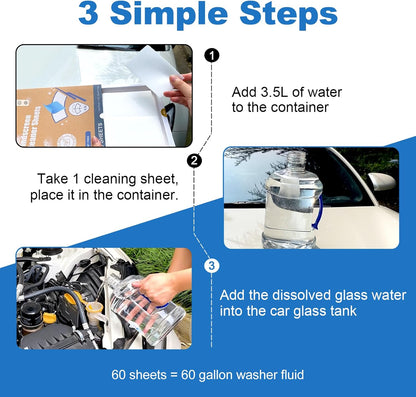 Binbata Eco Windshield Washer Fluid, 60 Sheets Makes 60 Gallons, Effectively Remove Mud, Oil, Bird Droppings, Insect Carcasses, Tree Gum, etc. No Plastic Biodegradable Car Window & Glass Cleaner