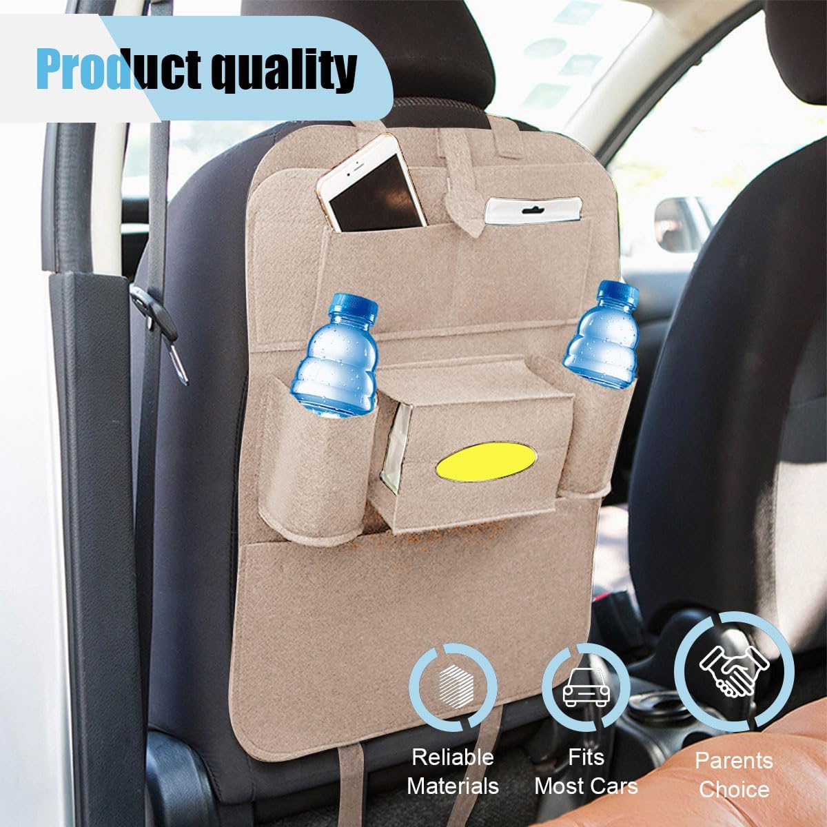 LAINLOY Felt Car Seat Back Organizer, Kick Mats Car Back Seat Protector for Kids, 6-Pocket Storage for Tissue, Box, Pen, Toy, Automobile Road Trip Accessories for SUV, RV, Truck (Black)