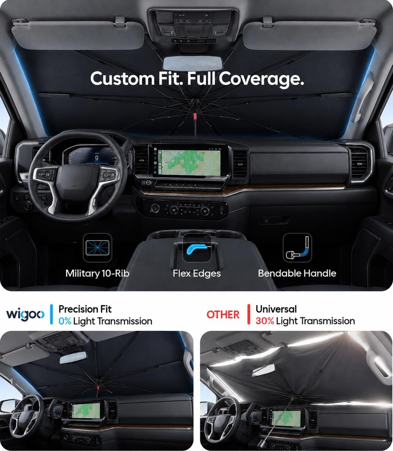 Wigoo Windshield Sun Shade Umbrella for Tesla Model Y [100% Sun Blockage, Ice Cooling Fabric] Foldable Heat Insulation Front Window Sunshade Umbrella for Tesla Model Y 2020–2026 (Juniper)