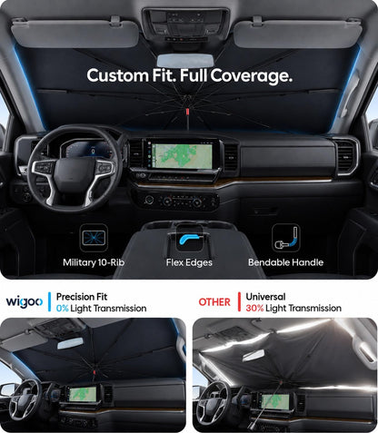 Wigoo Windshield Sun Shade Umbrella for Tesla Model Y [100% Sun Blockage, Ice Cooling Fabric] Foldable Heat Insulation Front Window Sunshade Umbrella for Tesla Model Y 2020–2026 (Juniper)