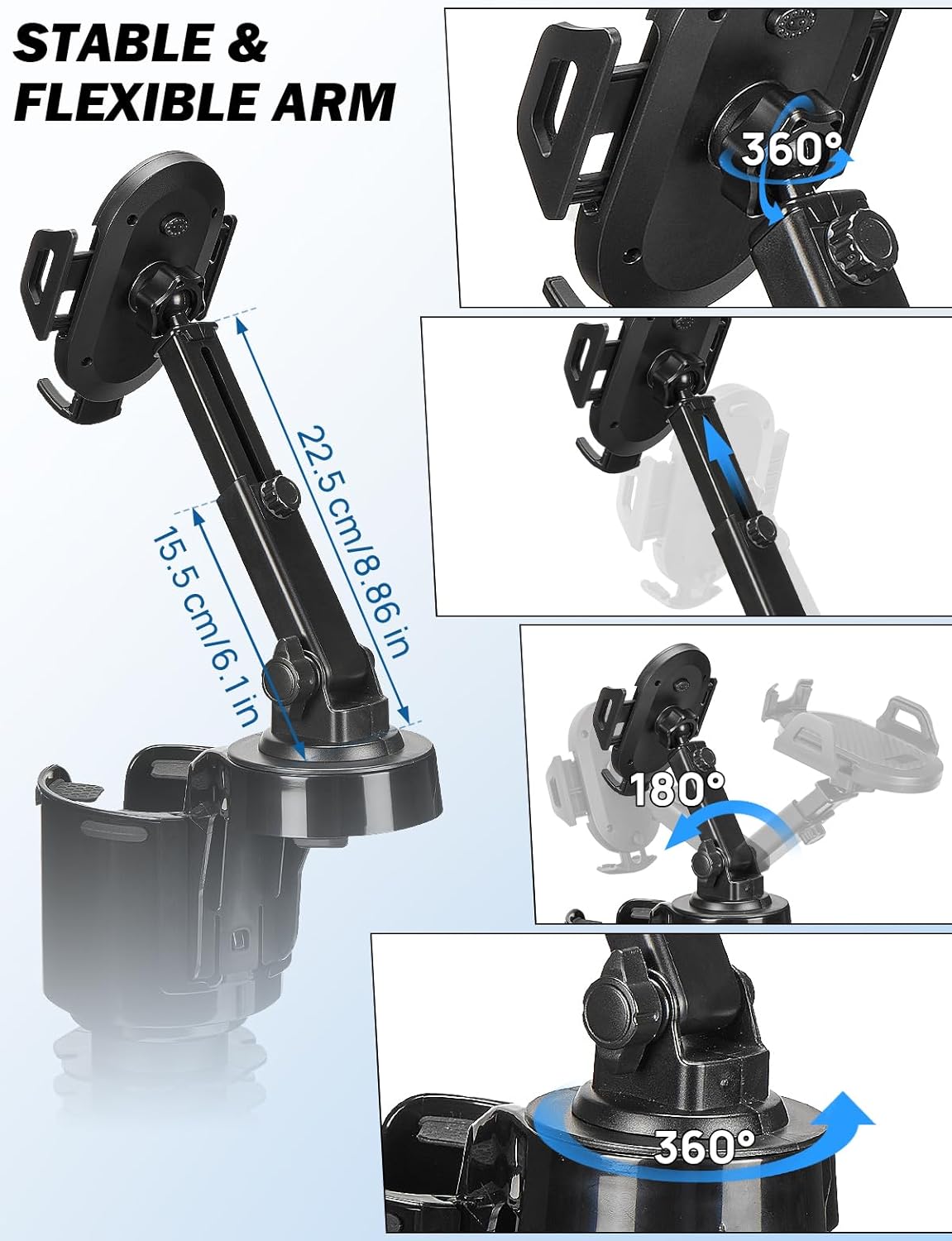 JOYTUTUS Cup Holder Phone Mount for Car, Car Cellphone Large Adapter Long Arm with 360 Degree Rotation, Compatible iPhone, Samsung & All Smartphones,Black,1 Pack