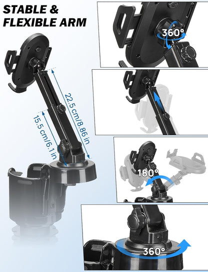 JOYTUTUS Cup Holder Phone Mount for Car, Car Cellphone Large Adapter Long Arm with 360 Degree Rotation, Compatible iPhone, Samsung & All Smartphones,Black,1 Pack