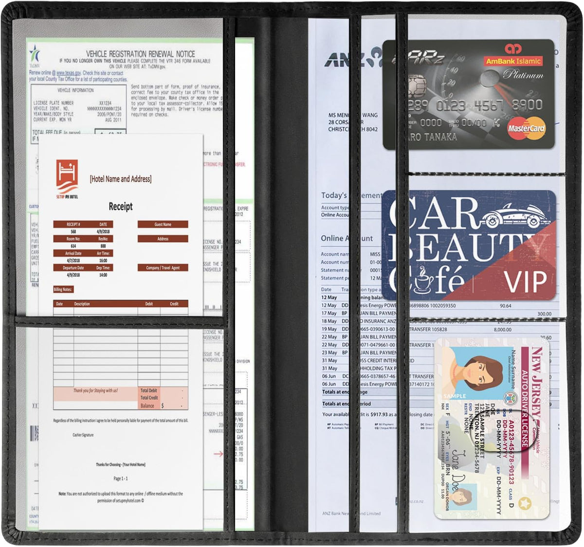 Car Accessories Registration and Insurance Holder,Leather Essential Card Magnetic Shut Vehicle Glove Box Organizer Case for Auto Driver License Document Truck Motorcycle Boat Men Women,Black
