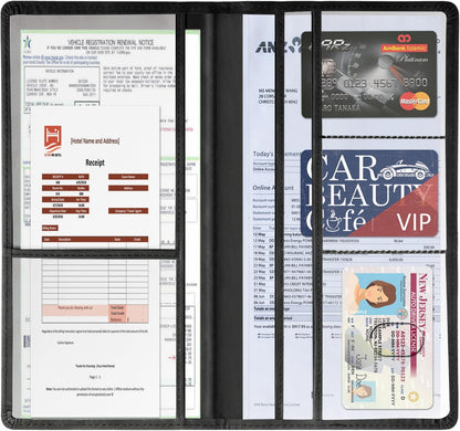 Car Accessories Registration and Insurance Holder,Leather Essential Card Magnetic Shut Vehicle Glove Box Organizer Case for Auto Driver License Document Truck Motorcycle Boat Men Women,Black