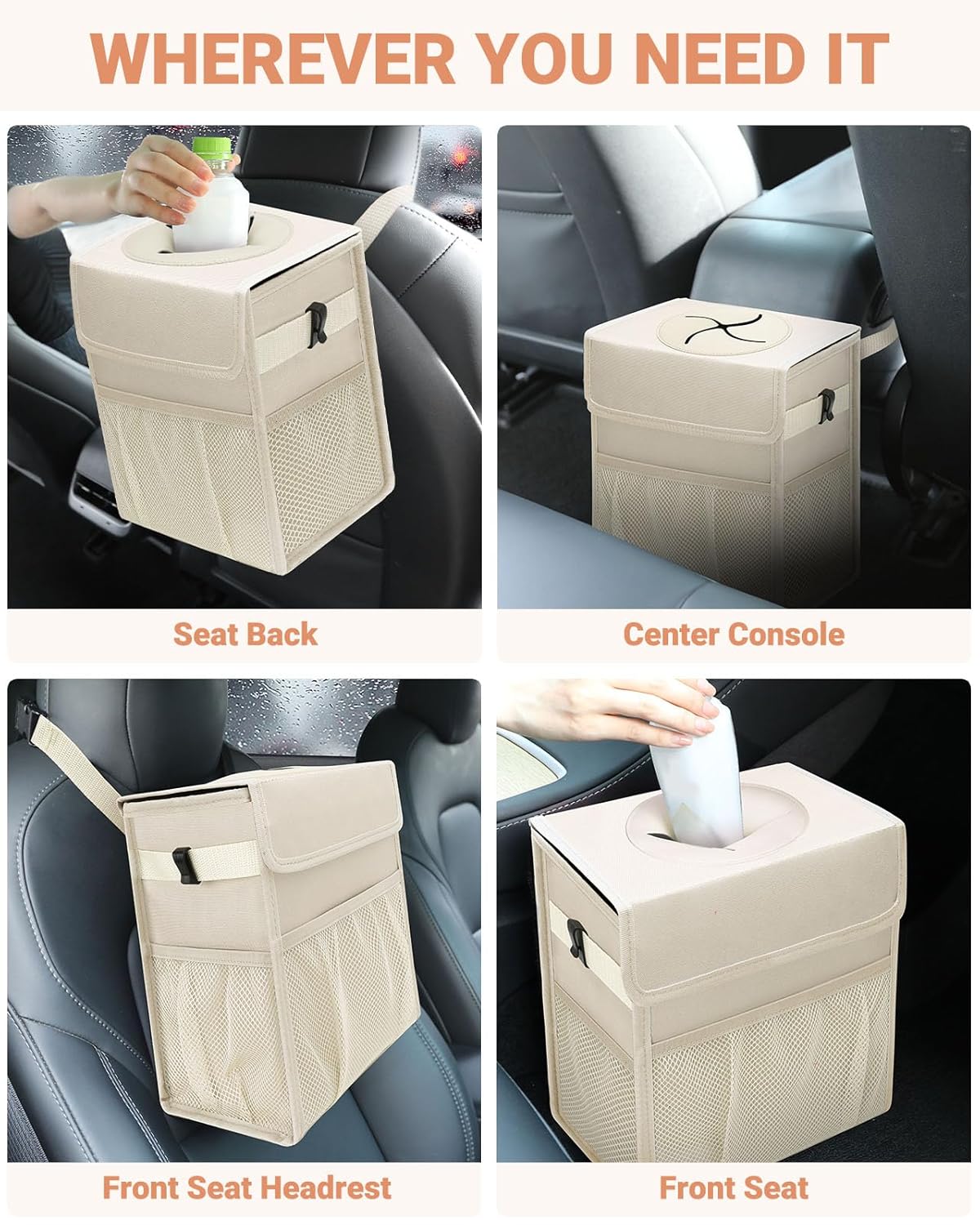 Capolo Car Trash Can with Lid, Leakproof Car Trash Bag Hanging Waterproof Automotive Garbage Can with Storage Pockets Mini Vehicle Trash Bin for Back/Front Seat(Black,2.5 Gallon)