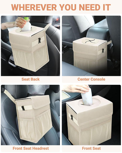 Capolo Car Trash Can with Lid, Leakproof Car Trash Bag Hanging Waterproof Automotive Garbage Can with Storage Pockets Mini Vehicle Trash Bin for Back/Front Seat(Black,2.5 Gallon)