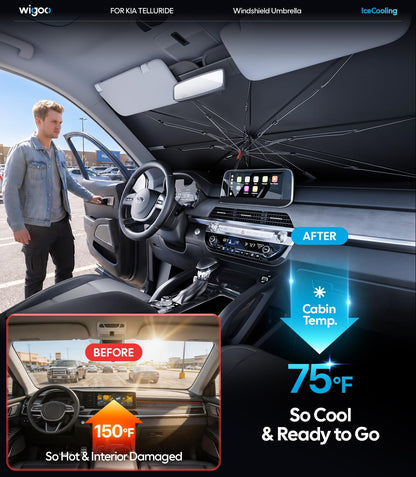 Wigoo Windshield Sun Shade Umbrella for Tesla Model Y [100% Sun Blockage, Ice Cooling Fabric] Foldable Heat Insulation Front Window Sunshade Umbrella for Tesla Model Y 2020–2026 (Juniper)