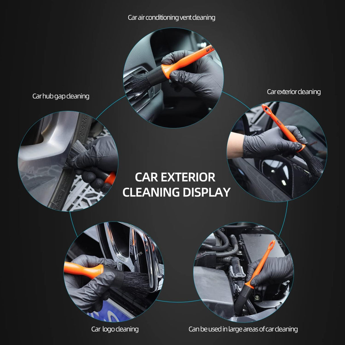 SPTA Car Detailing Brush Set, 5 Pack Soft Boar Hair Auto Detail Brush Kit with Elbow for Automotive Elegant Surface Interior Exterior Dashboard Emblems Panels Engine Bay Wheels Air Vent Seat Leather