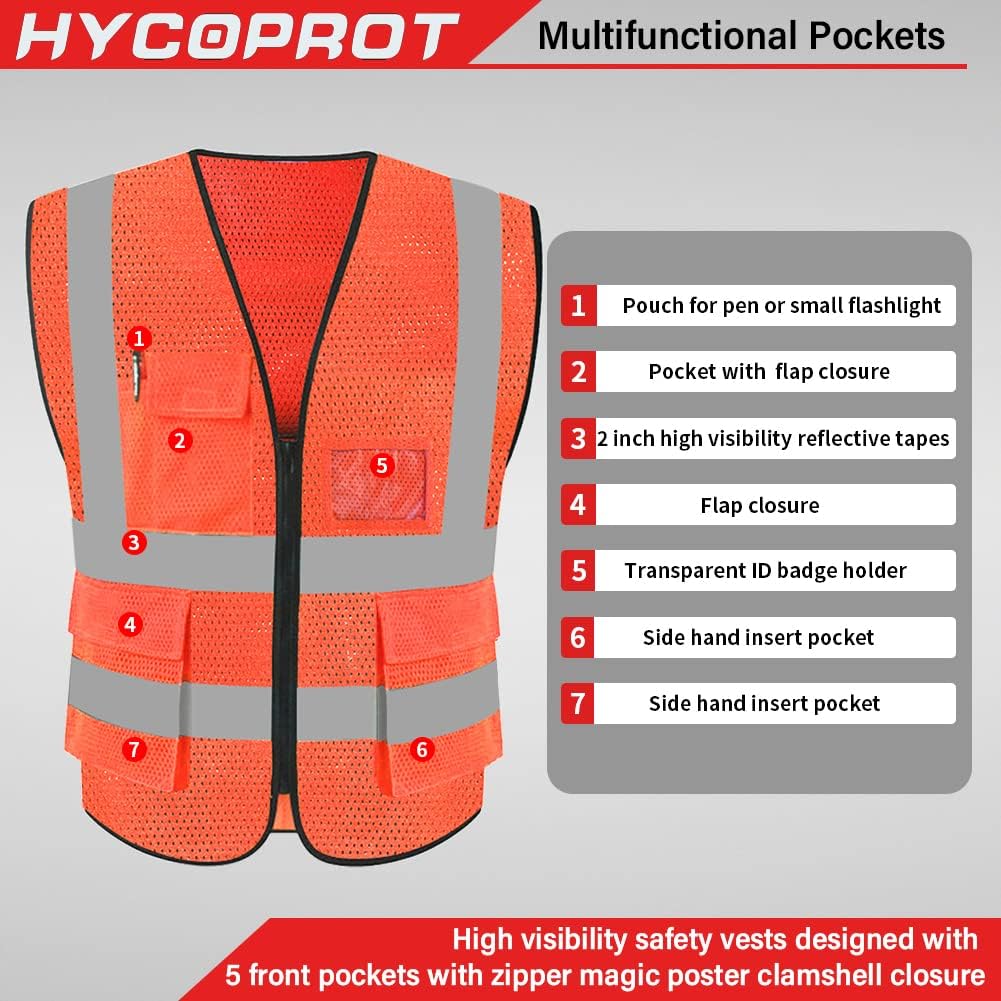 HYCOPROT High Visibility Mesh Safety Reflective Vest with Pockets and Zipper, Meets ANSI/ISEA Standards