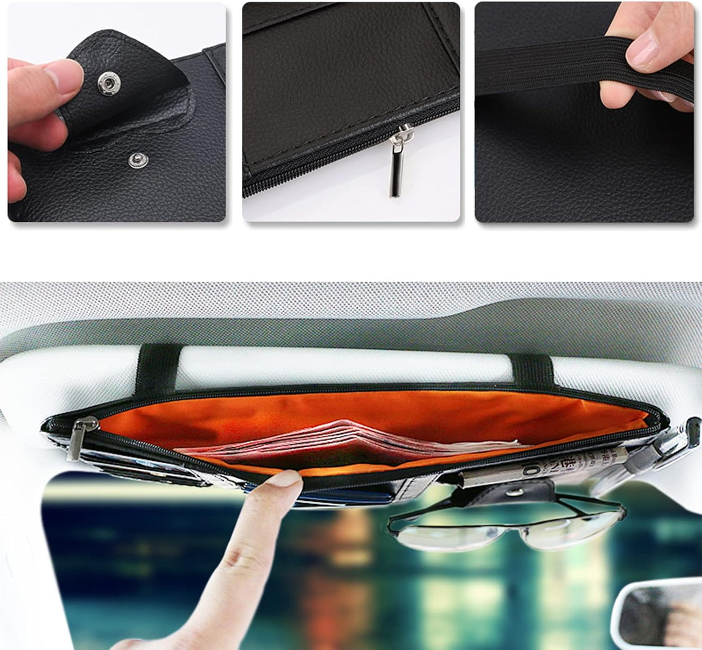 2 Packs Car Sun Visor Multi-Pocket Organizer for SUV & Truck, Auto Visor Storage Pouch with Big Zipper Pocket, Card Sleeve, Driving License, Insurance, Sunglasses, Pen, Key, Lipstick