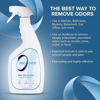 Zero Odor Multi-Purpose Odor Eliminator - Eliminate Air & Surface Odor – Patented Technology Best for Bathroom, Kitchen, Fabric, Closet- Smell Great Again, 8oz (Over 1000 Sprays)