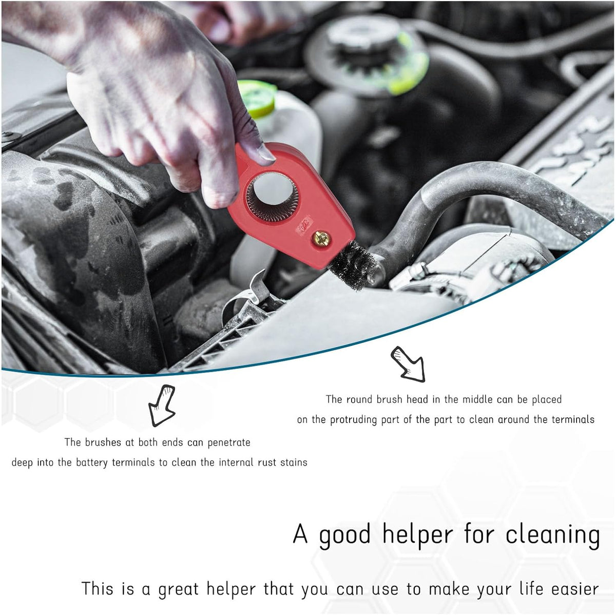 Dickno Car Battery Terminal Cleaning Brush, 4 in 1 Anti-Rust Auto Battery Cleaner with Steel Wire, Universal Vehicle Battery Terminals Machine Parts Cleaning Tool Accessories (Red)