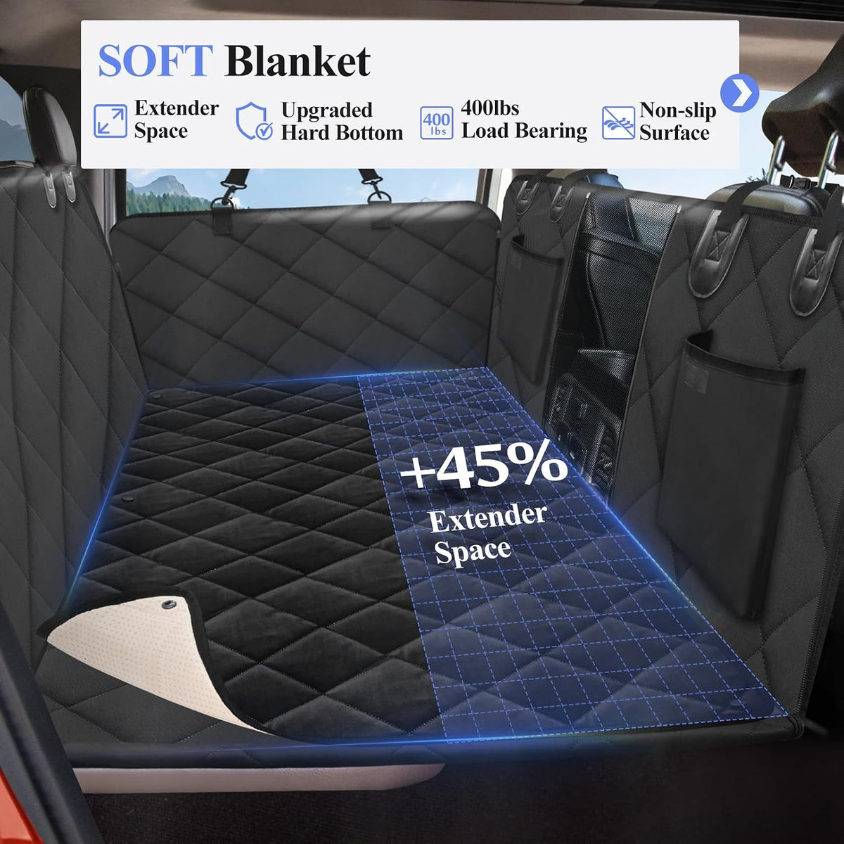 Back Seat Extender for Dogs-Large Space, Dog Car Seat Cover Hard Bottom Holds 420lbs, Sturdy Backseat Extender for Dogs,Upgraded Waterproof Pet Car Bed Dog Hammock for Car, SUV,Truck, Black
