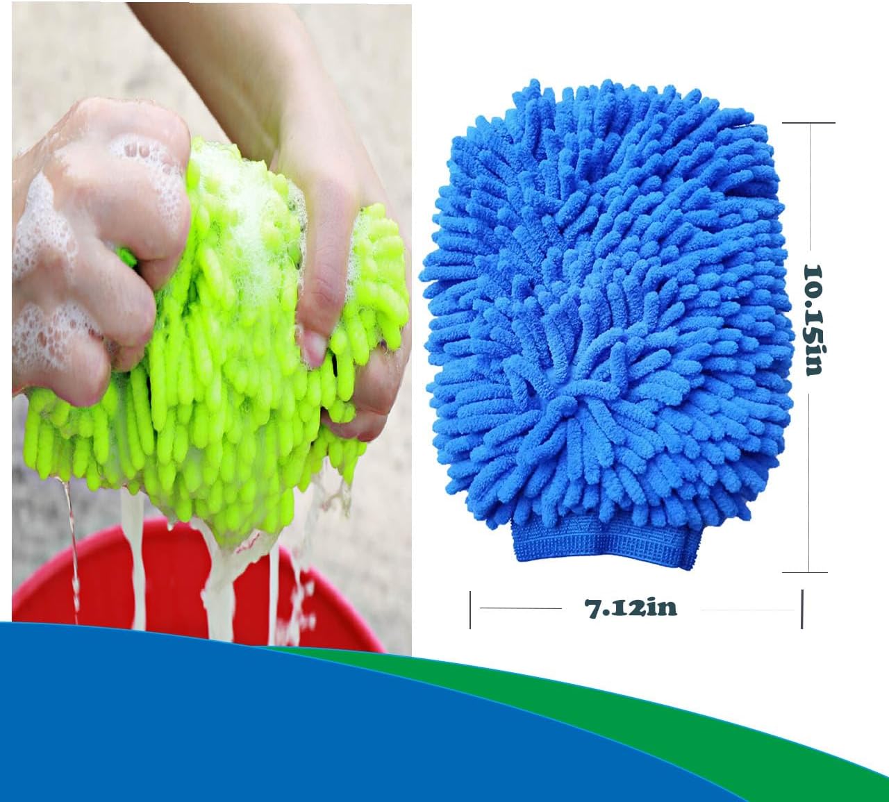 2 Pack Car Wash Mitt Microfiber Chenille Car Wash Mitt Scratch Free for Cars Cleaning,Home Cleaning Mitts(Green/Blue).