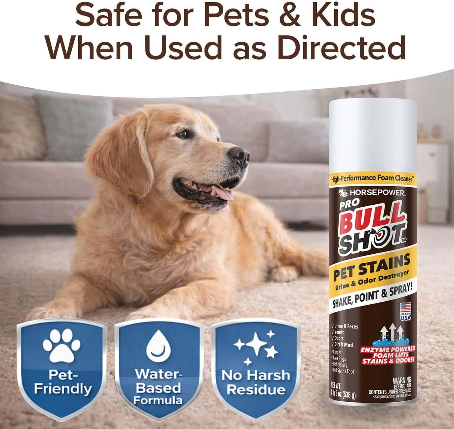 Bull Shot Pet Pro Stain Remover, AS SEEN ON TV, Urine & Odor Emulsifier, Enzyme-Powered Professional Strength Foam for Urine, Feces, Vomit, Odors, Dirt On Carpet, Area Rugs, Upholstery, Old Stains