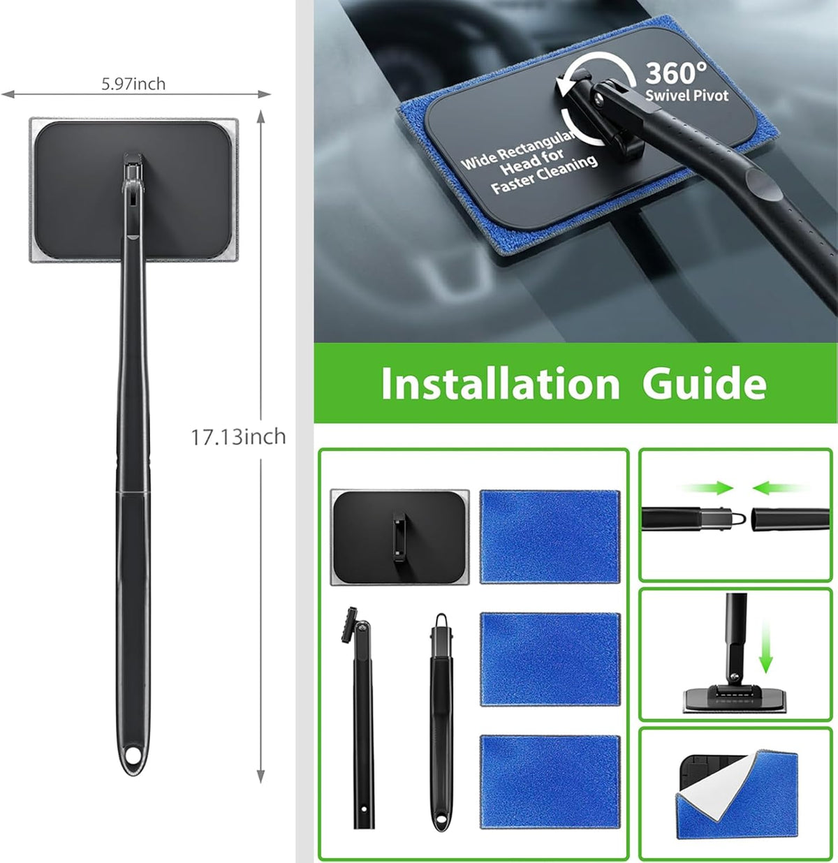 desin Car Windshield Cleaning Tool, Windshield Cleaner with 5 Washable and Reusable Microfiber Pads and Extendable Handle, for Auto Glass Wiper (Green)