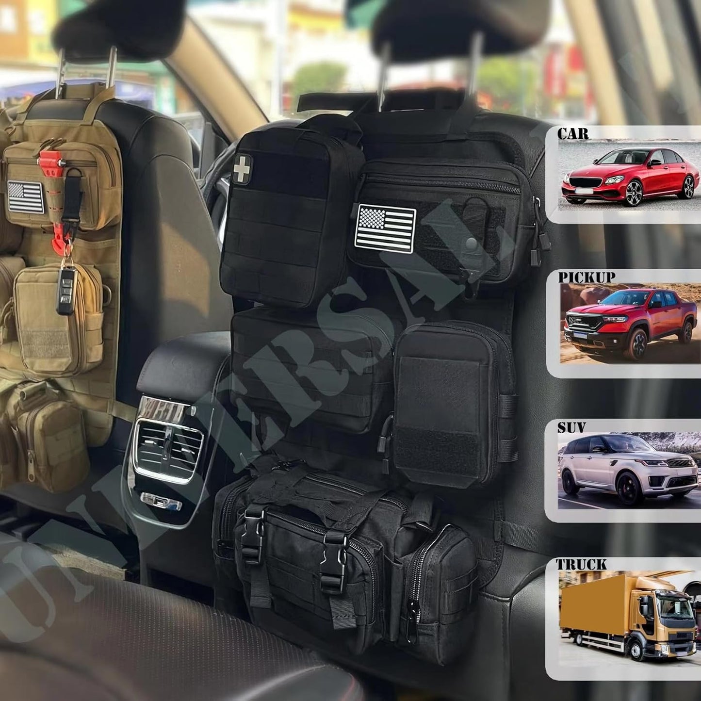 6 Pack Tactical Molle Car Seat Back Organizer - Tactical Vehicle Panel Organizer with 5 Detachable Molle Pouch,US Flag Patch and Keychain,Great Trunk Accessories for Man