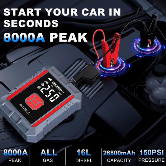 8000A Jump Starter with Air Inflator/Deflator Compressor, 65W Charging Car Battery Jump Starter (All Gas/16L Diesel), 24800mAh 150PSI Battery Jumper Starter Portable, Jump Box Jump Pack with LED Light
