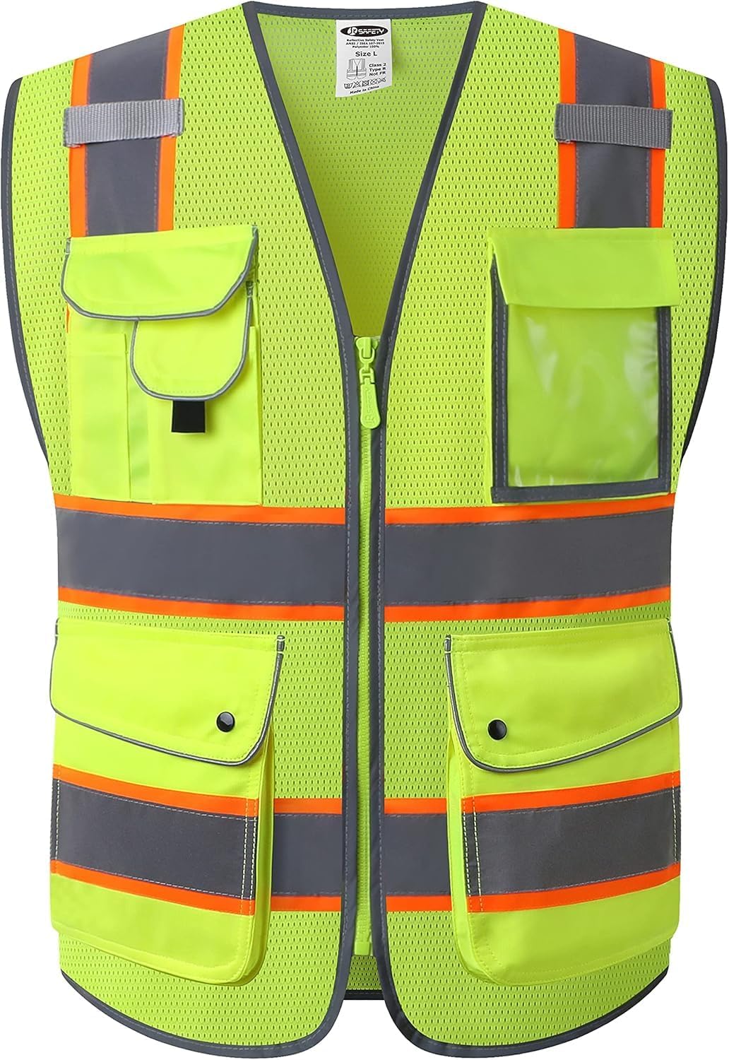 JKSafety 9 Pockets Class 2 High Visibility Zipper Front Safety Vest With Reflective Strips,Meets ANSI/ISEA Standard (Large, 150-Yellow) - Colors A