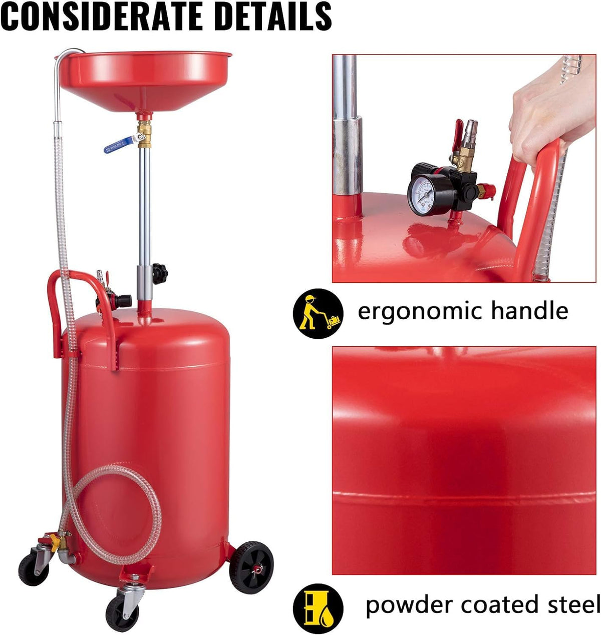 VEVOR Oil Drain Container, 20 Gallon Waste Oil Drain Tank, Portable Oil Lift Drain Pan Air Operated Drainer, Fluid Fuel Drainage Adjustable Funnel Height with Pressure Regulating Valve & Wheel