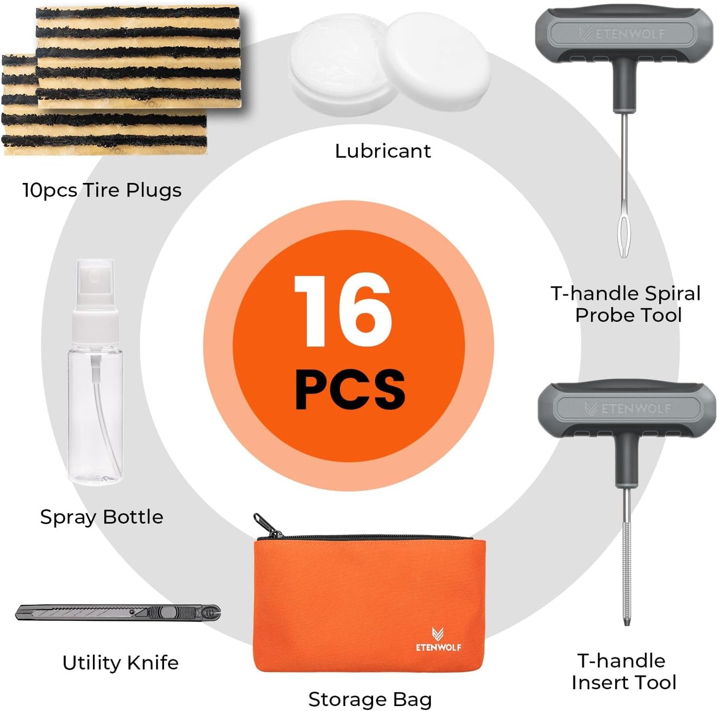 ETENWOLF Flat Tire Repair Kit with Plugs 16 Pcs, Heavy Duty Tire Plug Kit for Car, Motorcycle, ATV, Jeep, Truck, Tractor (Vivid Orange)