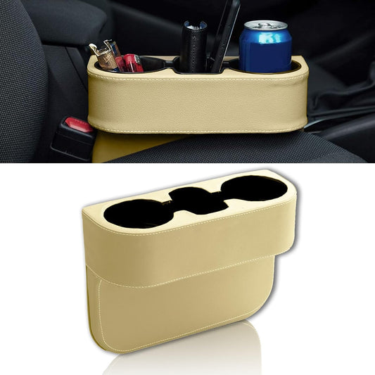 Car Cup Holder, PU Leather Auto Front Seat Organizer, Multifunctional Cup Drink Holders, Gap Filler Storage Box Coin Bucket Console Side Pocket Cell Mobile Phone Holder (Black)