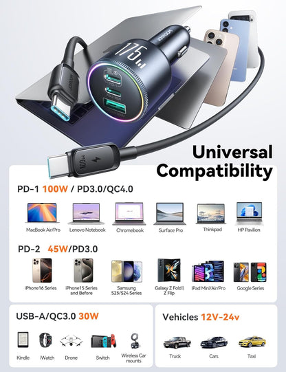 JOYROOM 175W Super Fast Car Charger [GaN] 3-Port Car Charger USB C Fast Charge with USB-C Cable, Car Cigarette Lighter USB Charger for iPhone 17/16/15, Samsung S26/25, Pixel 10, MacBook, iPad and More