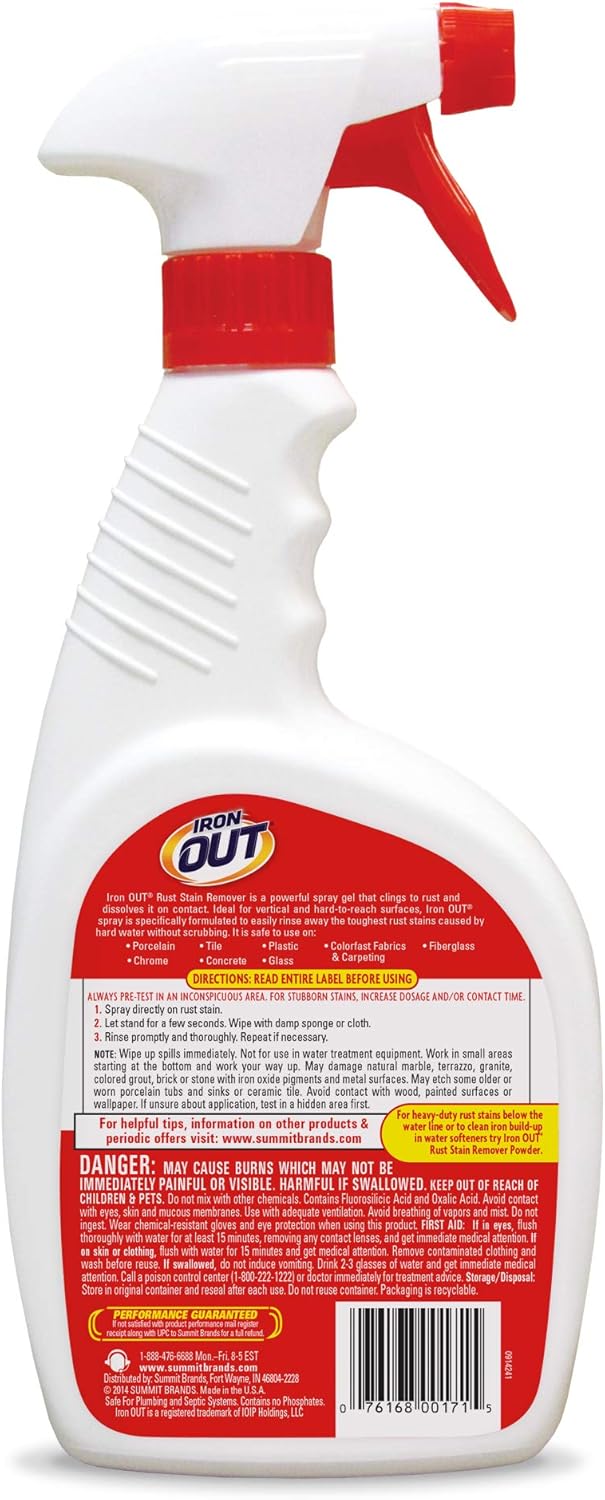 Iron OUT Rust Stain Remover Spray Gel, Remove Rust Stains in Bathrooms, Kitchens, Laundry, and Outdoors, Made in the USA, 24 Ounces