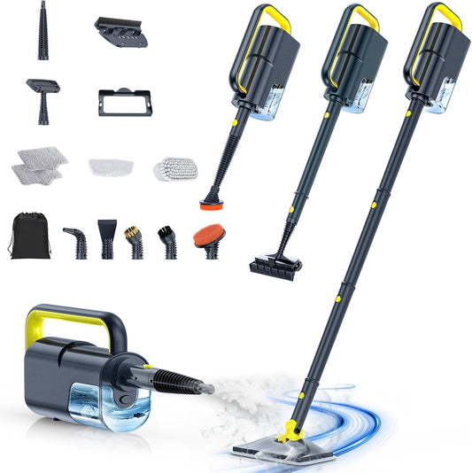 Steam Mop with Detachable Handheld Steam Cleaner, 10-in-1 Multi Accessories, Quick 10s Heat, 350ml and 2-Level Steamer for Cleaning Floor, Carpet, BBQ Grill, Tile, and Grout, Gray