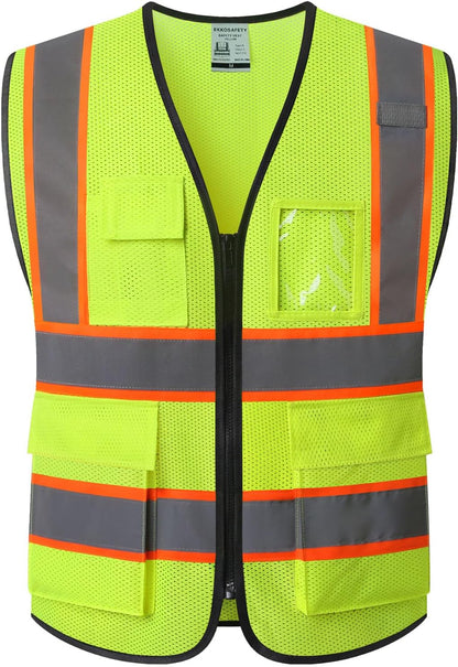 Reflective Mesh Safety Vest for Men Women with 5 Pockets and Zipper Front High Visibility Mesh Vest Hi Vis Construction Work Vest,Meets ANSI/ISEA Standards(EK175-Yellow-L)