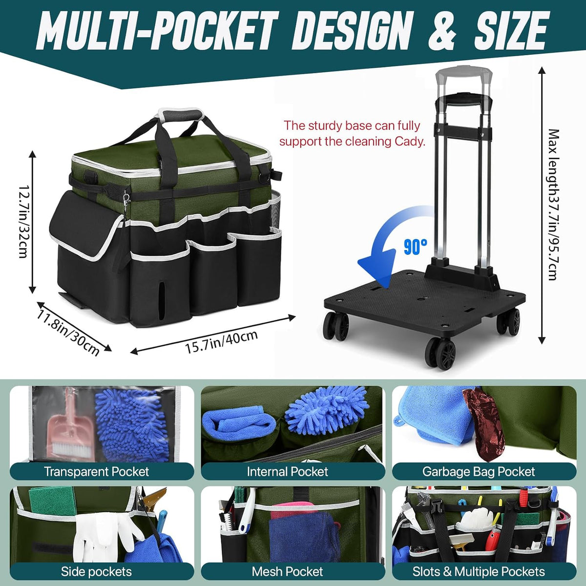 Large Rolling Cleaning Caddy Bag with Detachable Trolley, Full Support Plates for Professional Cleaning Supplies Bag, Organizer Bag with 4 Universal Wheels for Housekeepers, Car Wash