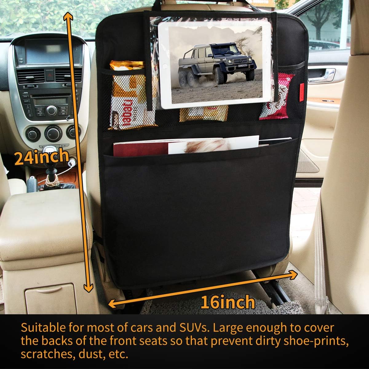 Kaiphy Car Backseat Organizer Premium Quality Car Kick Mats with 10" Tablet Holder - Extra Large Pocket- Sturdy Top 2Pack