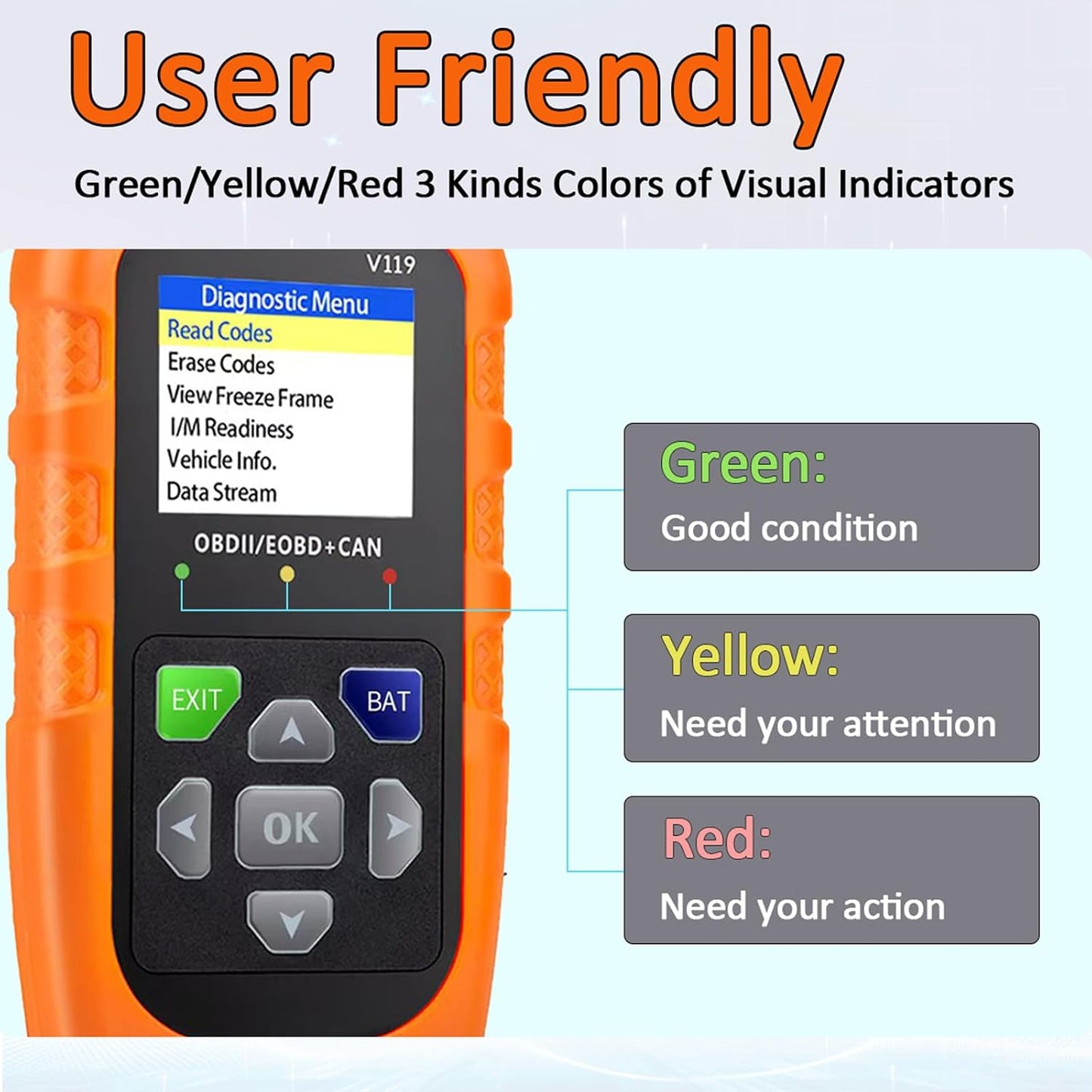 Car OBD2 Scanner Diagnostic Tool, Code Reader, Voltage Tester, Check Engine Light Fault Code, OBD2/EOBD for OBDII Protocol Car & Truck Since 1996+