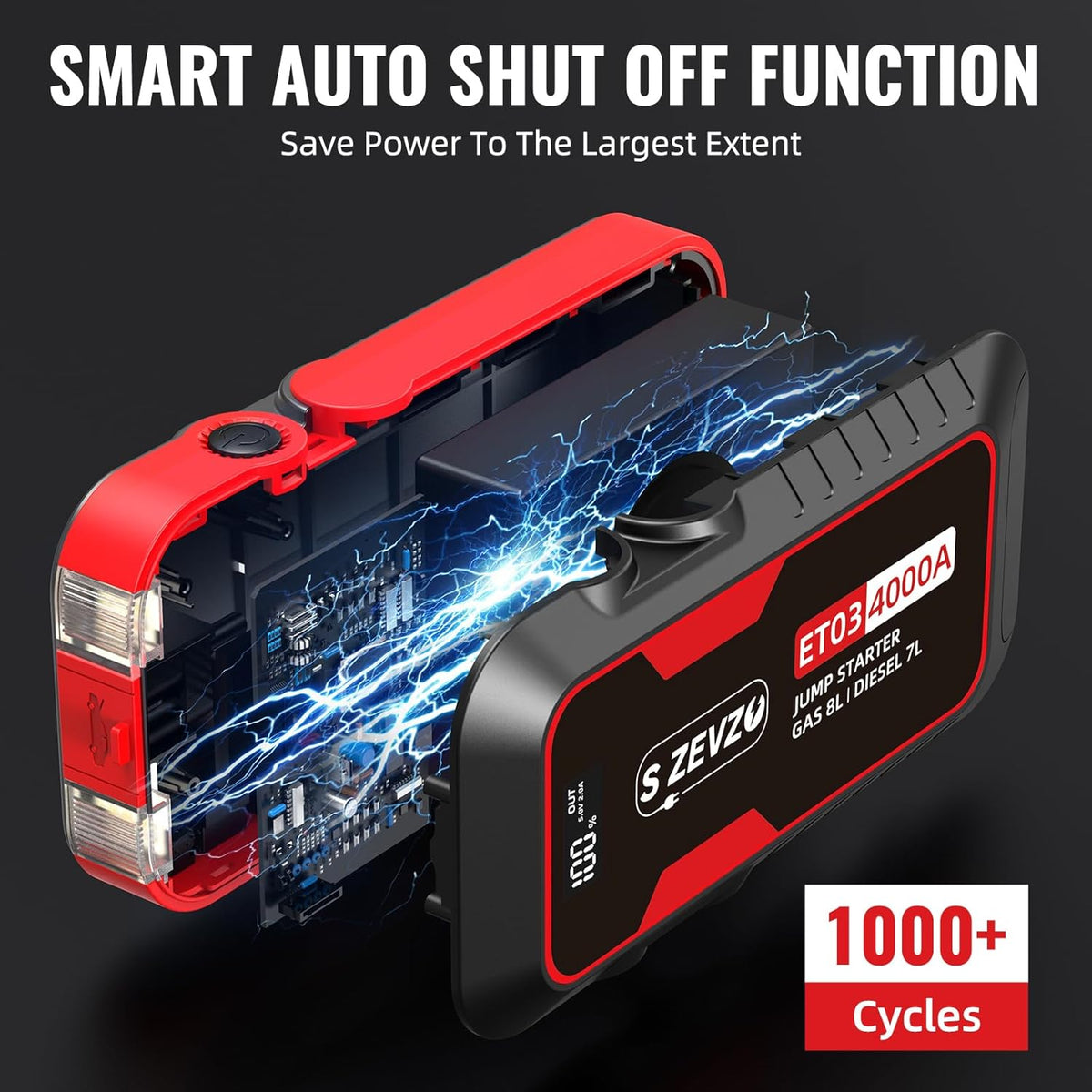 S ZEVZO ET03 4000A Car Jump Starter Jump Starter Battery Pack for Up to 8.0L Gas and 7.0L Diesel Engines, 74Wh Portable 12V Jump Box with USB Ports, LCD Display, Storage Case, and LED Light