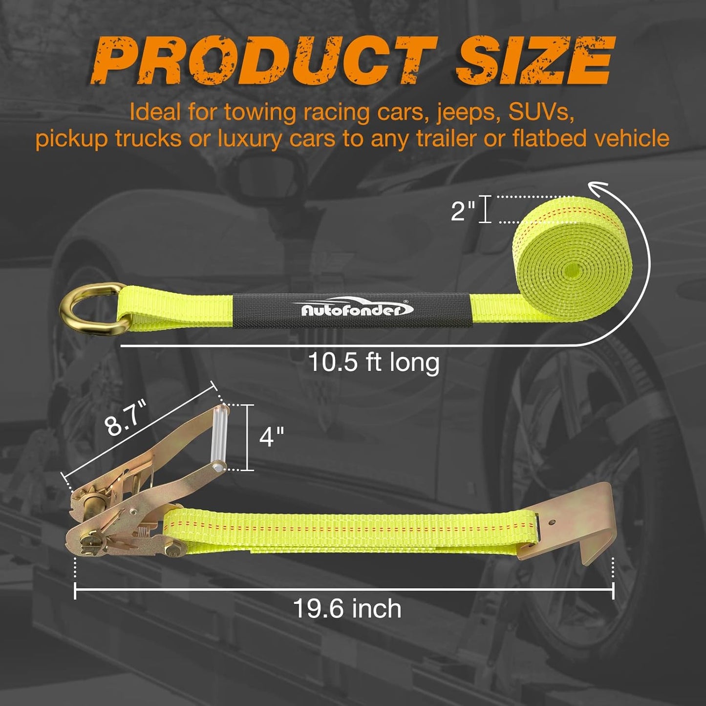 Heavy Duty Car Tie Down Straps with Flat Hook-10,000lbs Break Strength-4Pack Tire Ratchet Straps for Trailers,Trucks,UTV
