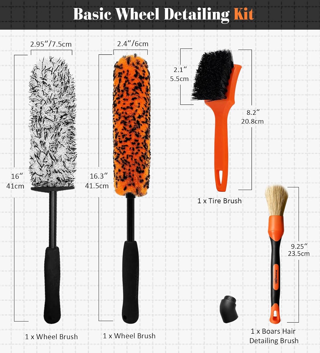 YeewayVeh 3PCS Quick Car Wheel Brush Kit, 2-Size 360° Bendale Rim Cleaner Brushes, Boars Hair Detailing Brush, Fast Scratch-Free Cleaning for Car Wheels, Motorcycle, Orange