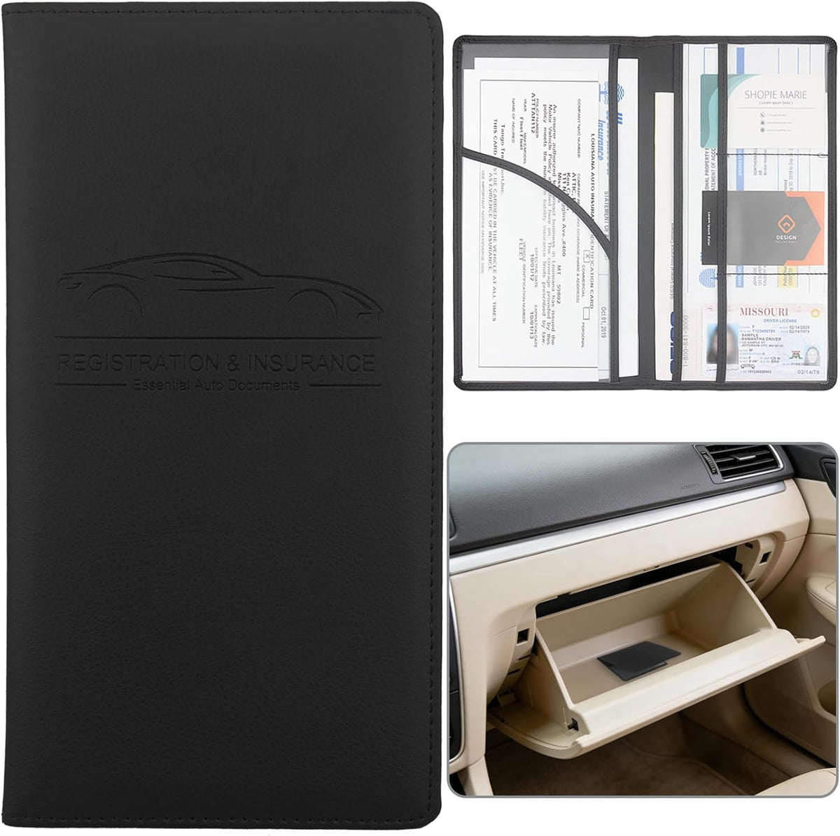 Car Registration and Insurance Holder, Premium Pu Leather Vehicle Glove Box Organizer - for Driver License, Cards & Essential Documents (L-Orange)