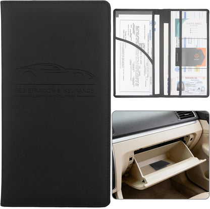 Car Registration and Insurance Holder, Premium Pu Leather Vehicle Glove Box Organizer - for Driver License, Cards & Essential Documents (L-Orange)