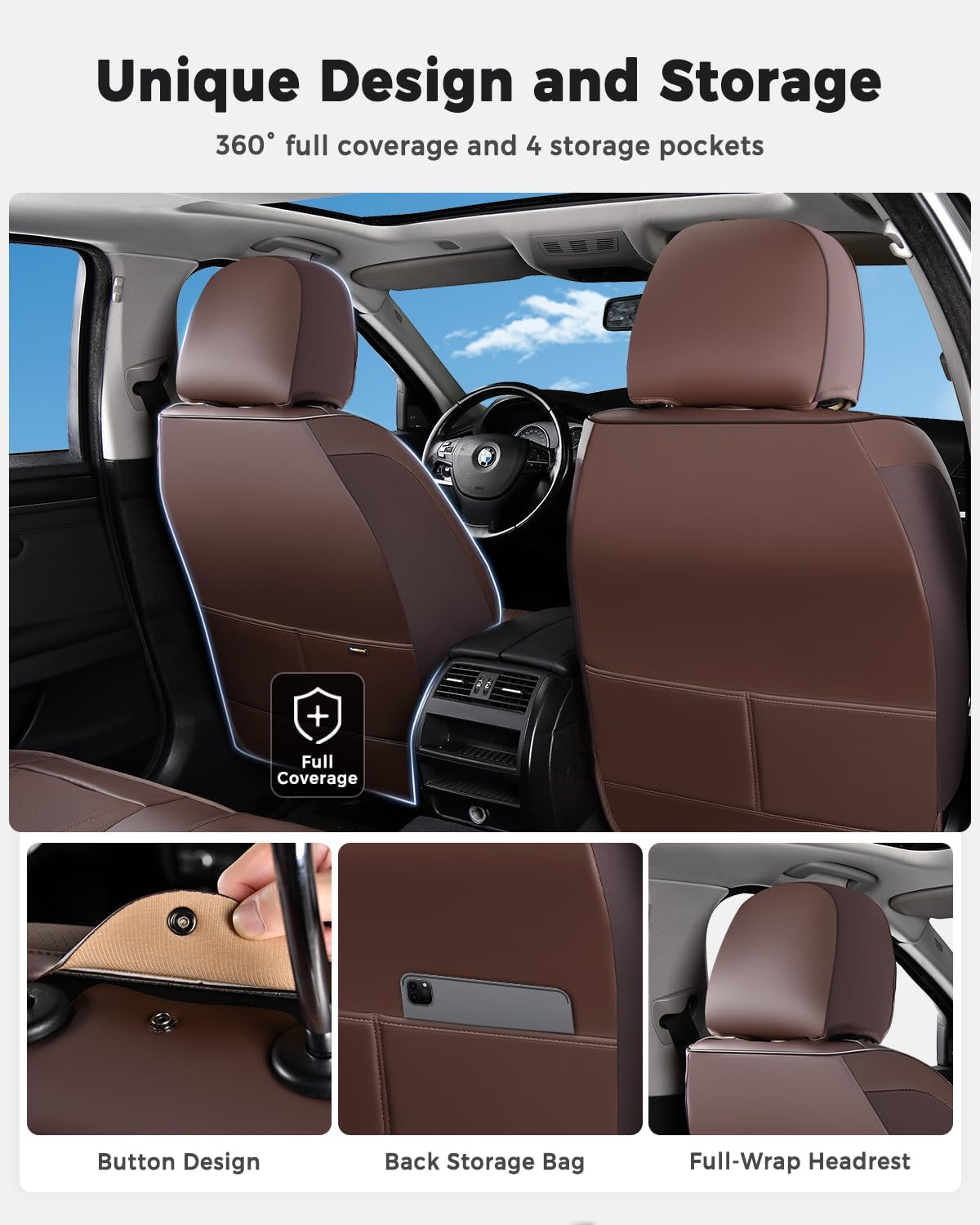 Huidasource Coffee Seat Covers Full Set, Universal Fit for Most Cars Trucks SUV, Full Coverage Leather Seat Cover, Airbag, Cupholder Compatible, Velcro Adjustable, Heaating/Cooling Function Retain