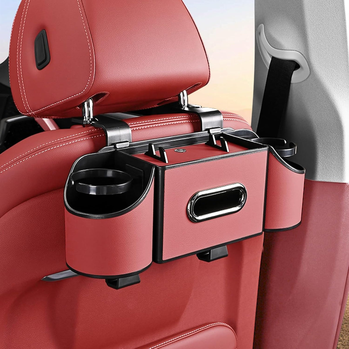 Back Seat Car Organizer,4 in 1 Multifunctional Car Back Seat Storage Box with Drink Cup Holder Tissue Box, for Hold Phone,Snacks, Drinks, Handbag-Black
