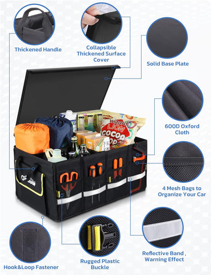 Oasser Car Trunk Organizer, 3 Compartments Collapsible Waterproof Car Organizer Storage with Foldable Cover, Reflective Strip, Non-Slip Bottom, 4 Mesh Pockets for SUV/Truck/Sedan/Camping/Road Trip