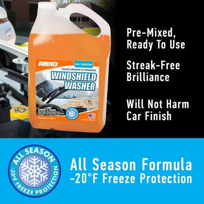 ABRO Windshield Washer Fluid Ready to Use Formula - 1 Gallon, Pre-Mixed, Streak-Free Cleanliness, 2-In-1 Removes Bugs & Tar